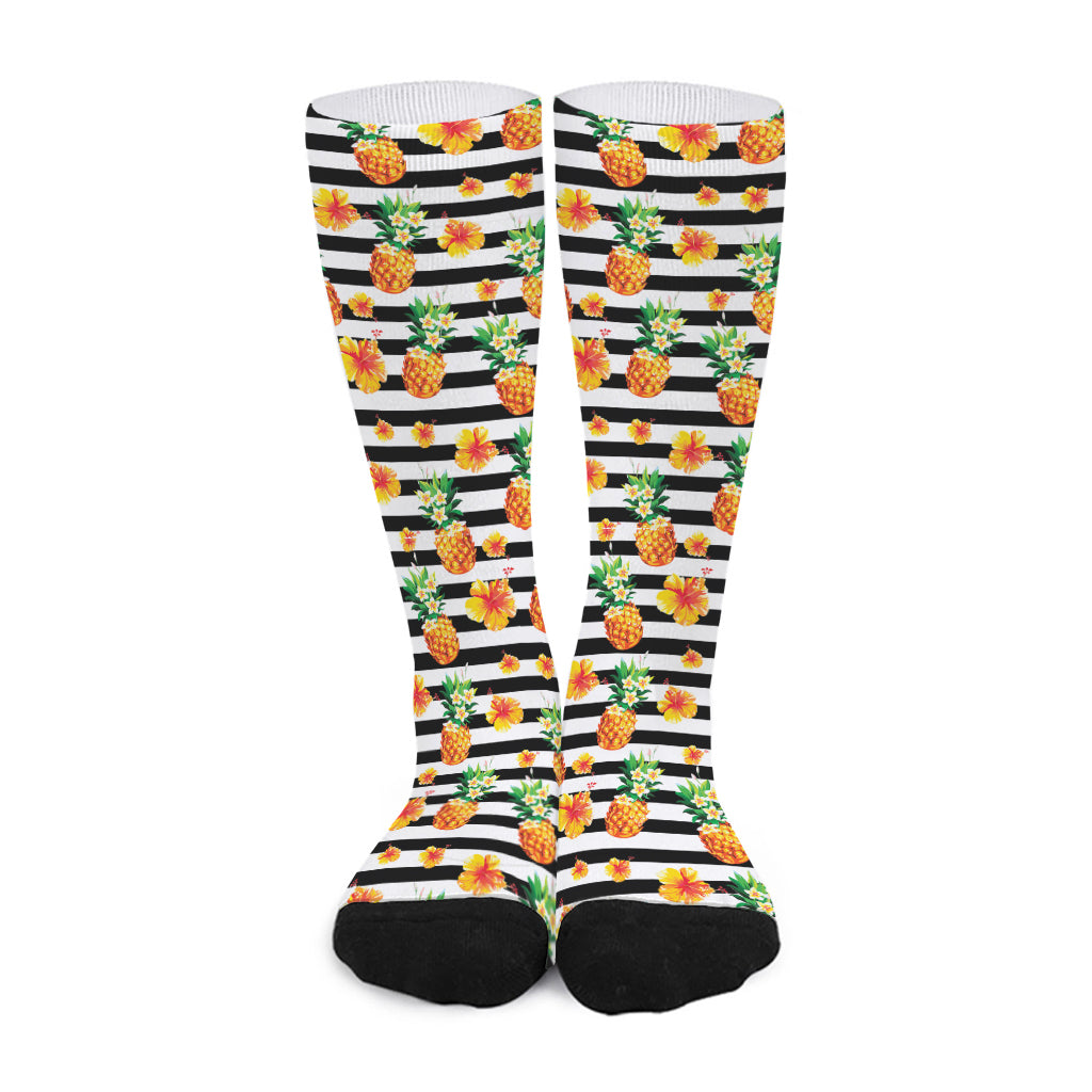 Pineapple And Hibiscus Striped Print Long Socks