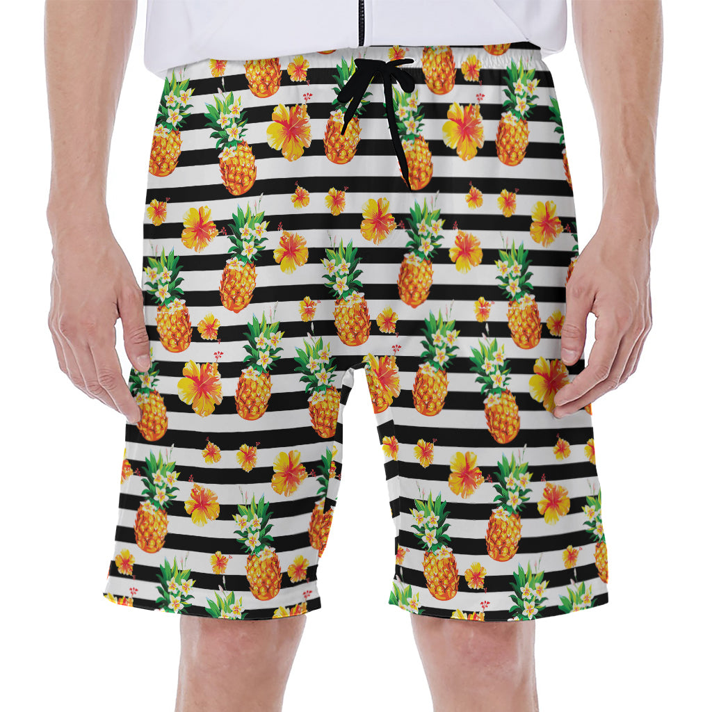 Pineapple And Hibiscus Striped Print Men's Beach Shorts