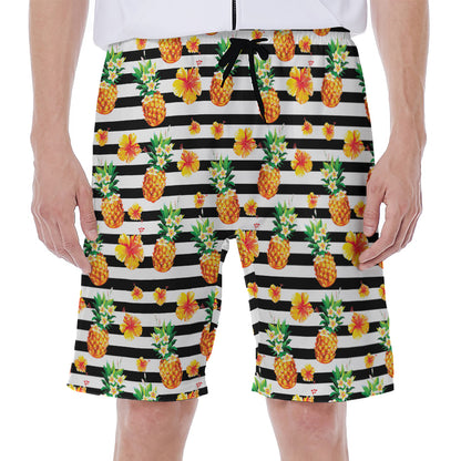 Pineapple And Hibiscus Striped Print Men's Beach Shorts