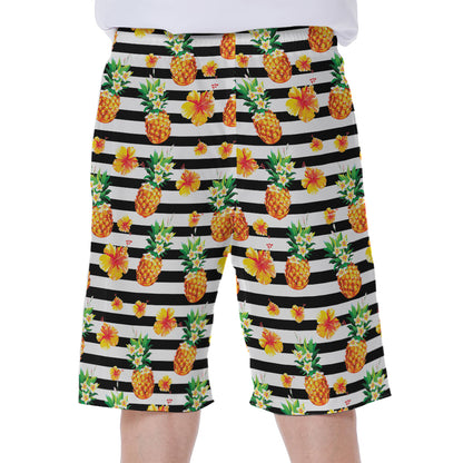 Pineapple And Hibiscus Striped Print Men's Beach Shorts