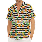 Pineapple And Hibiscus Striped Print Men's Deep V-Neck Shirt