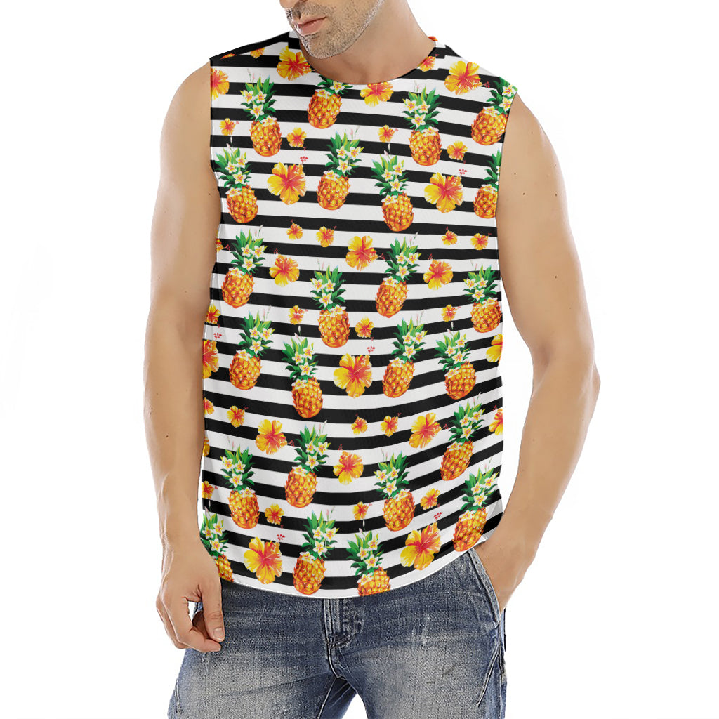 Pineapple And Hibiscus Striped Print Men's Fitness Tank Top