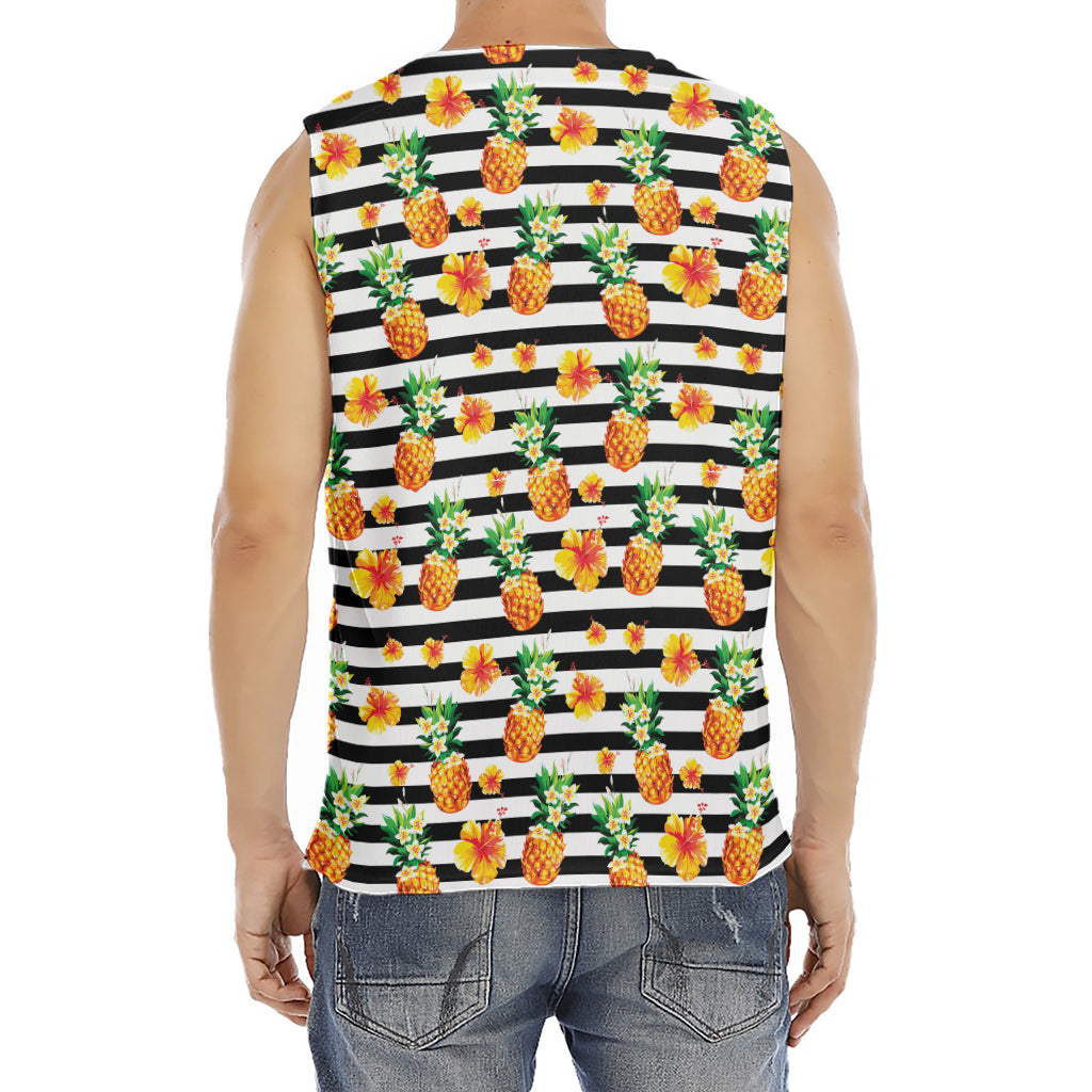 Pineapple And Hibiscus Striped Print Men's Fitness Tank Top