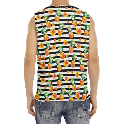 Pineapple And Hibiscus Striped Print Men's Fitness Tank Top