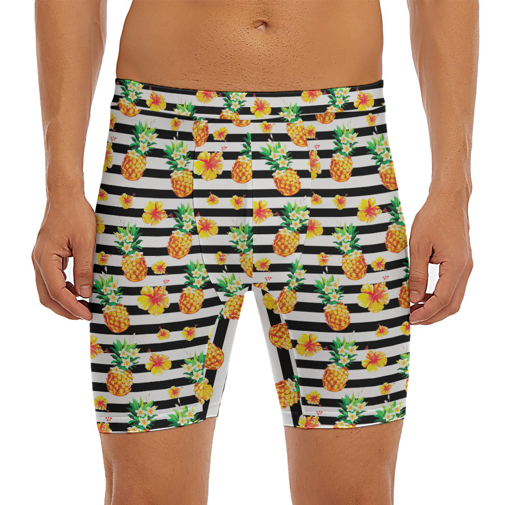 Pineapple And Hibiscus Striped Print Men's Long Boxer Briefs