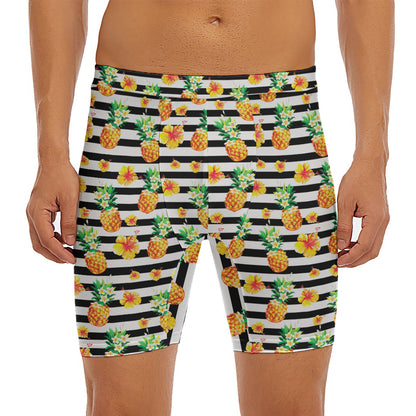 Pineapple And Hibiscus Striped Print Men's Long Boxer Briefs