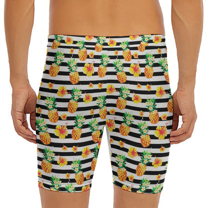 Pineapple And Hibiscus Striped Print Men's Long Boxer Briefs