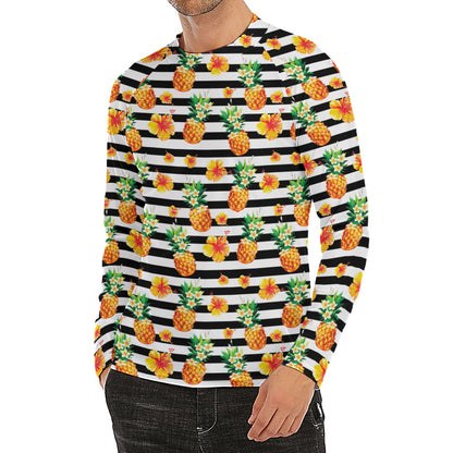 Pineapple And Hibiscus Striped Print Men's Long Sleeve Rash Guard