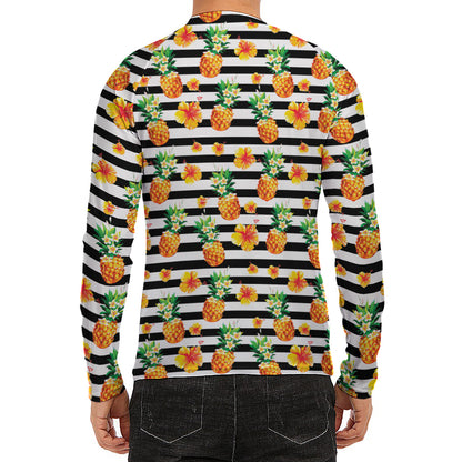 Pineapple And Hibiscus Striped Print Men's Long Sleeve Rash Guard