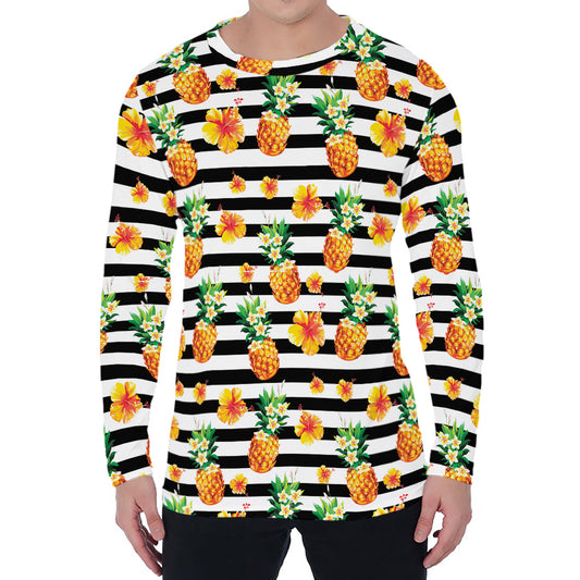 Pineapple And Hibiscus Striped Print Men's Long Sleeve T-Shirt