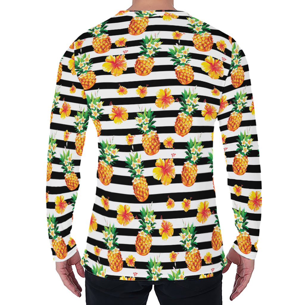 Pineapple And Hibiscus Striped Print Men's Long Sleeve T-Shirt