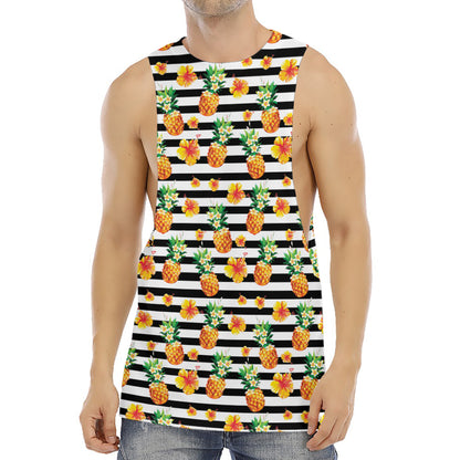Pineapple And Hibiscus Striped Print Men's Muscle Tank Top