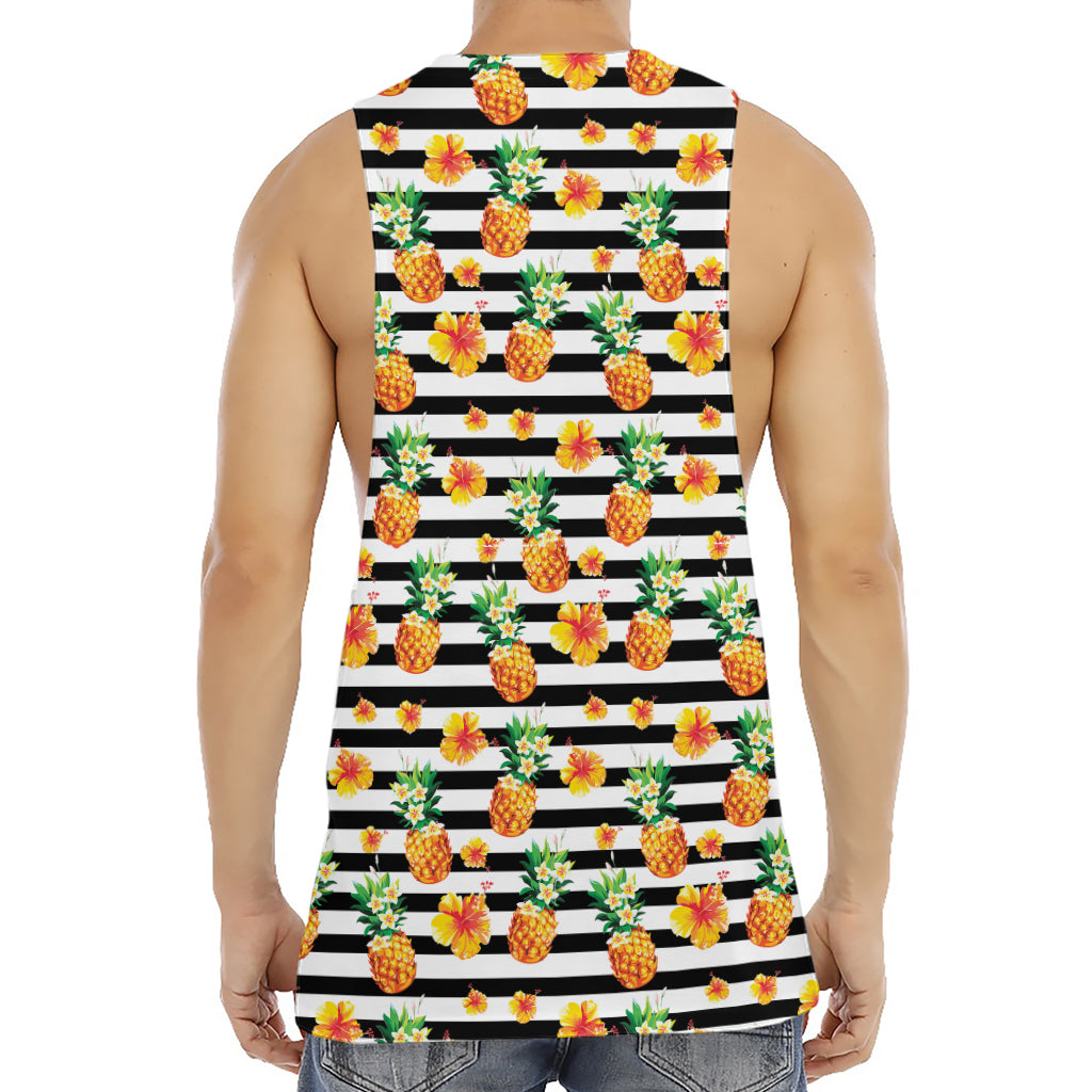 Pineapple And Hibiscus Striped Print Men's Muscle Tank Top