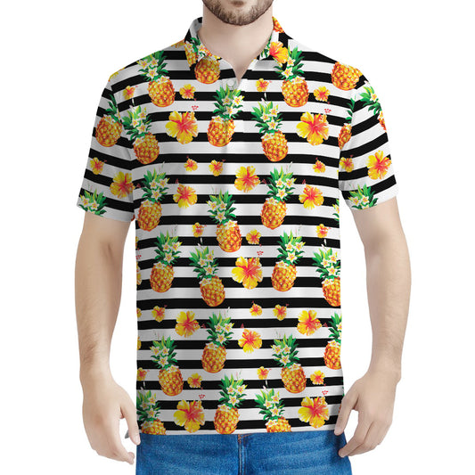 Pineapple And Hibiscus Striped Print Men's Polo Shirt
