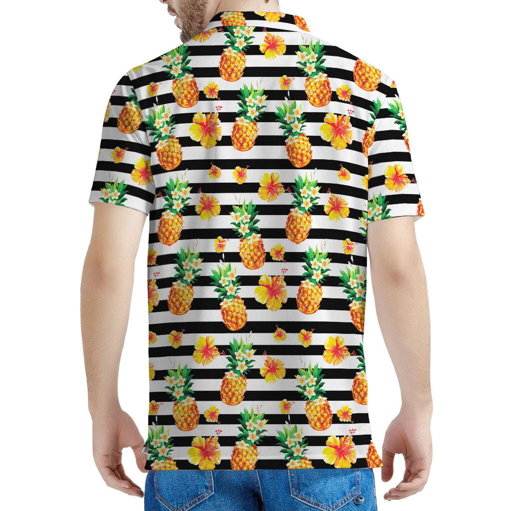 Pineapple And Hibiscus Striped Print Men's Polo Shirt