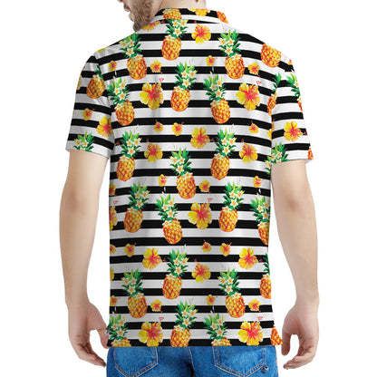 Pineapple And Hibiscus Striped Print Men's Polo Shirt