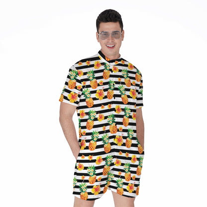 Pineapple And Hibiscus Striped Print Men's Rompers