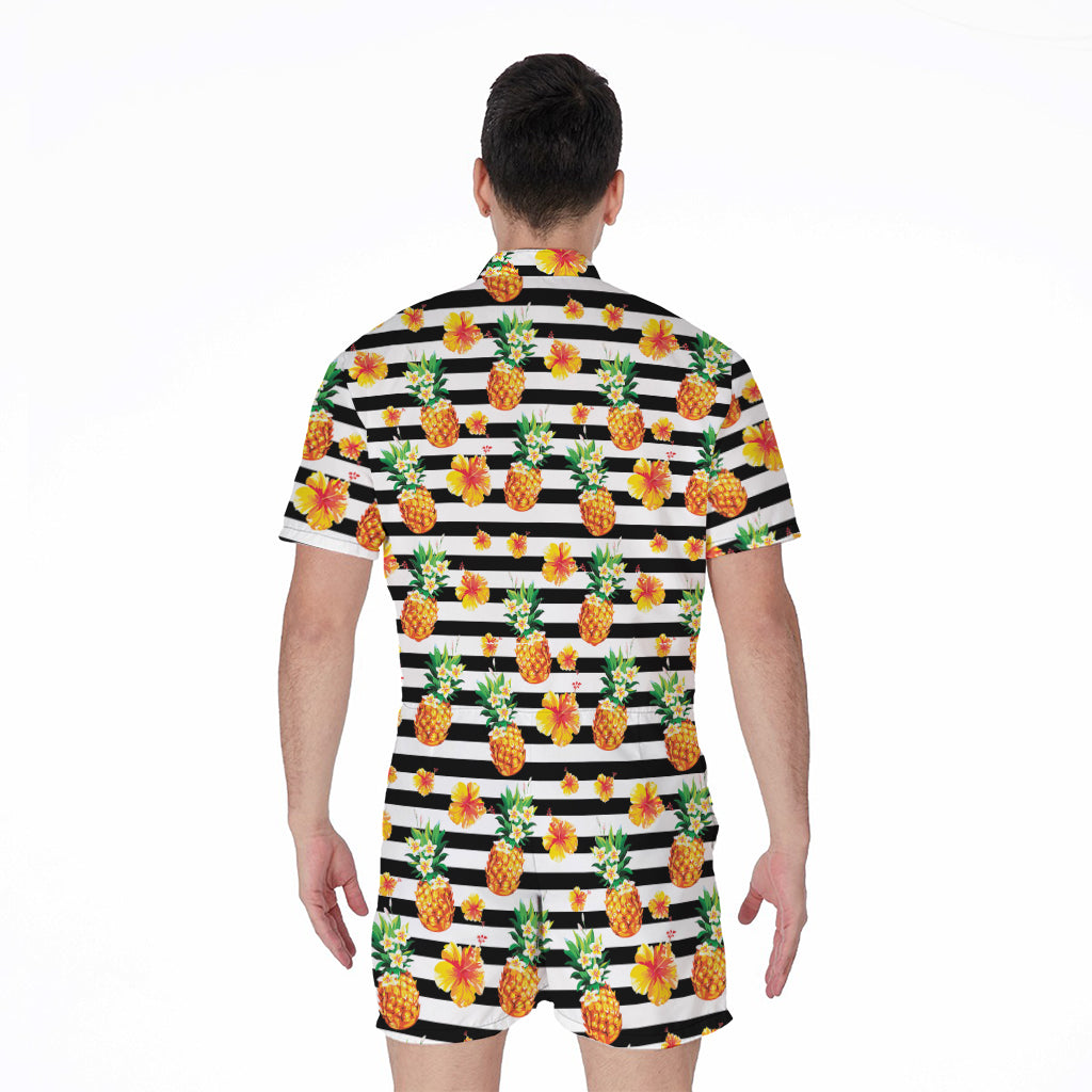 Pineapple And Hibiscus Striped Print Men's Rompers
