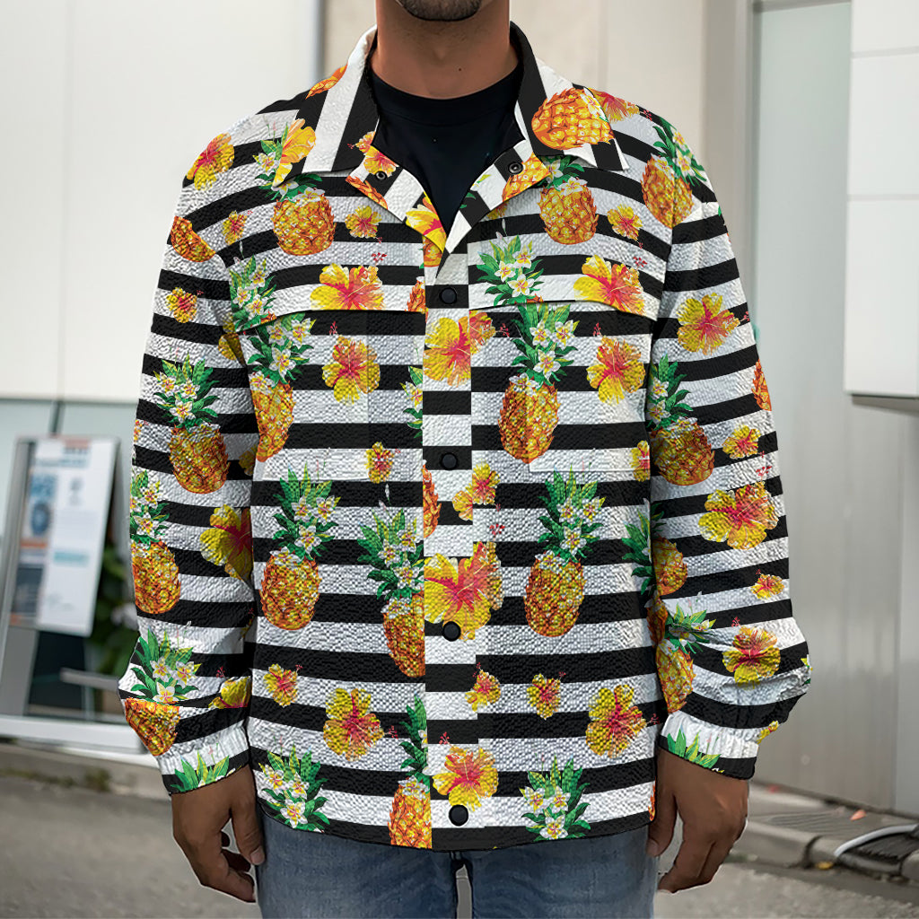 Pineapple And Hibiscus Striped Print Men's Shirt Jacket