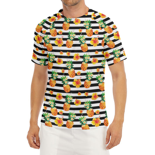 Pineapple And Hibiscus Striped Print Men's Short Sleeve Rash Guard