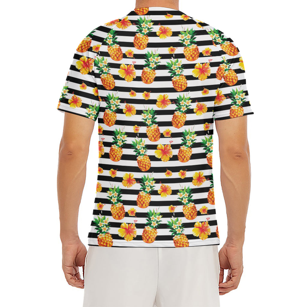 Pineapple And Hibiscus Striped Print Men's Short Sleeve Rash Guard