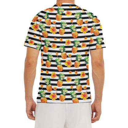 Pineapple And Hibiscus Striped Print Men's Short Sleeve Rash Guard