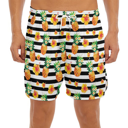 Pineapple And Hibiscus Striped Print Men's Split Running Shorts