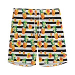 Pineapple And Hibiscus Striped Print Men's Sports Shorts