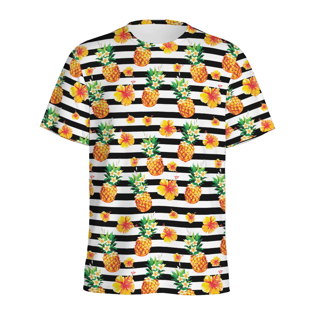 Pineapple And Hibiscus Striped Print Men's Sports T-Shirt