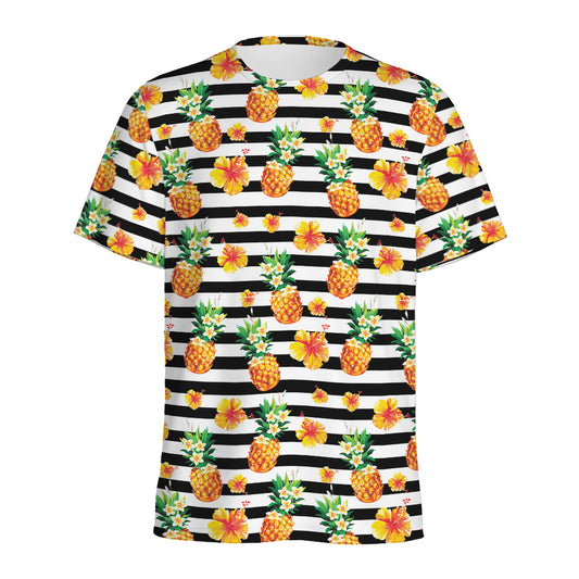 Pineapple And Hibiscus Striped Print Men's Sports T-Shirt
