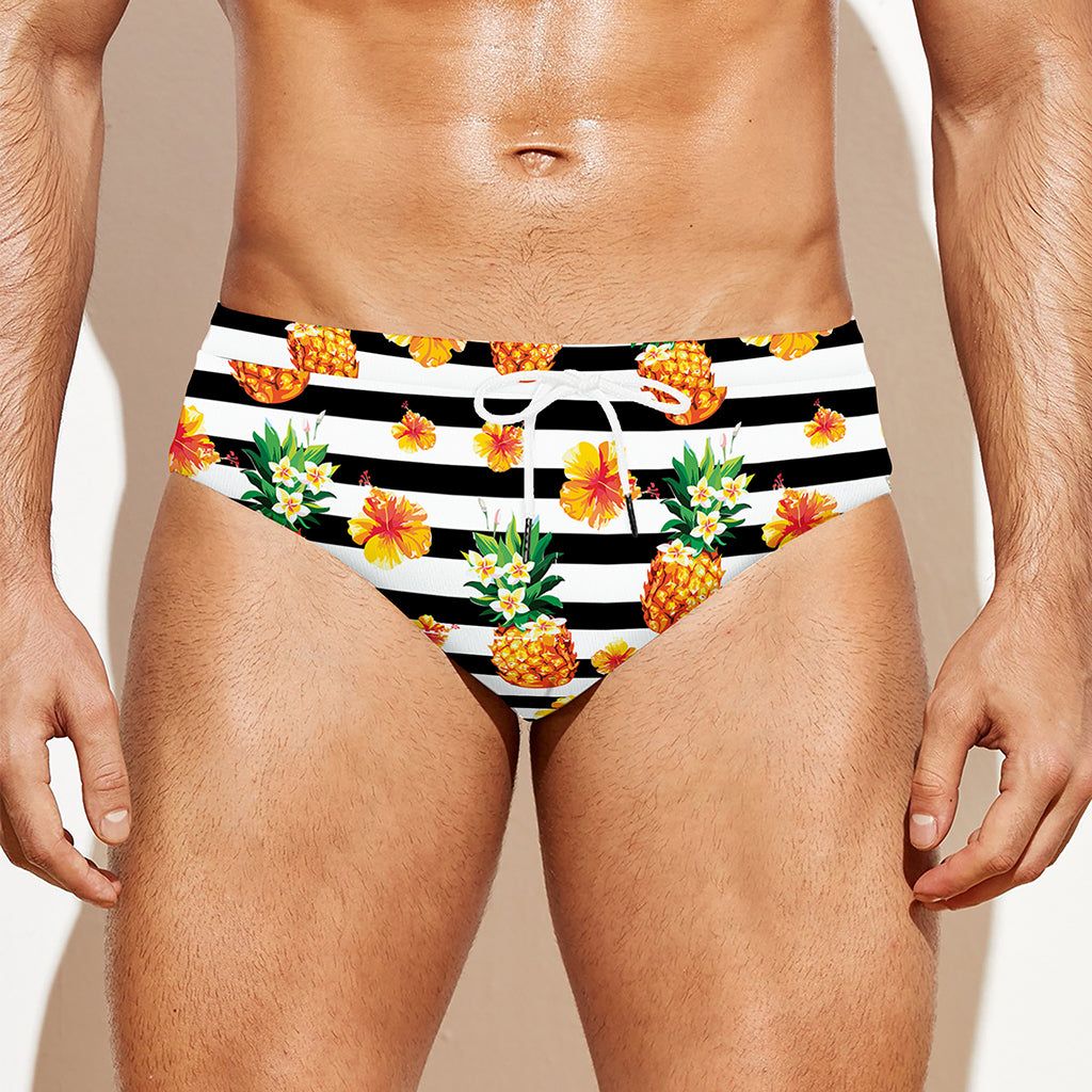 Pineapple And Hibiscus Striped Print Men's Swim Briefs
