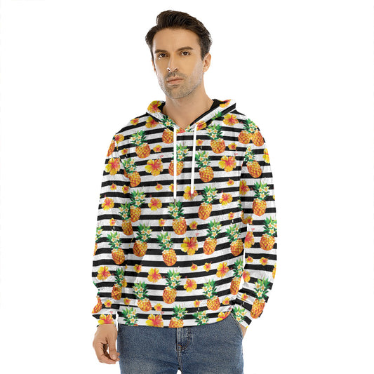 Pineapple And Hibiscus Striped Print Men's Velvet Pullover Hoodie