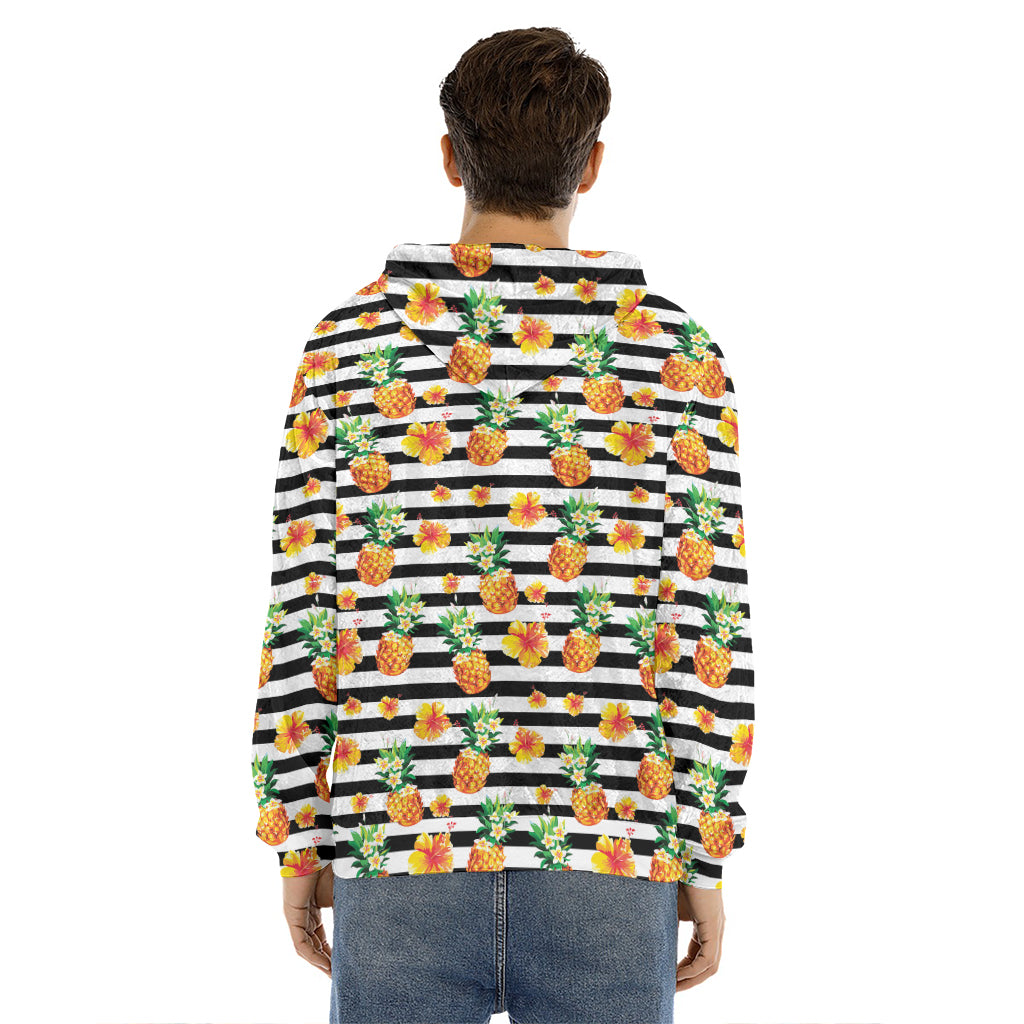 Pineapple And Hibiscus Striped Print Men's Velvet Pullover Hoodie