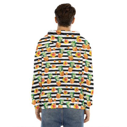 Pineapple And Hibiscus Striped Print Men's Velvet Pullover Hoodie