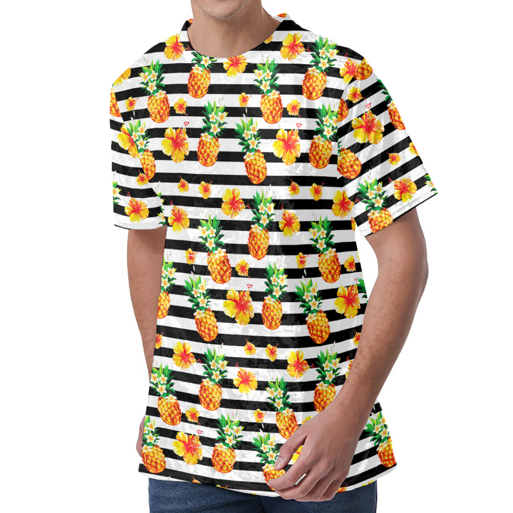 Pineapple And Hibiscus Striped Print Men's Velvet T-Shirt