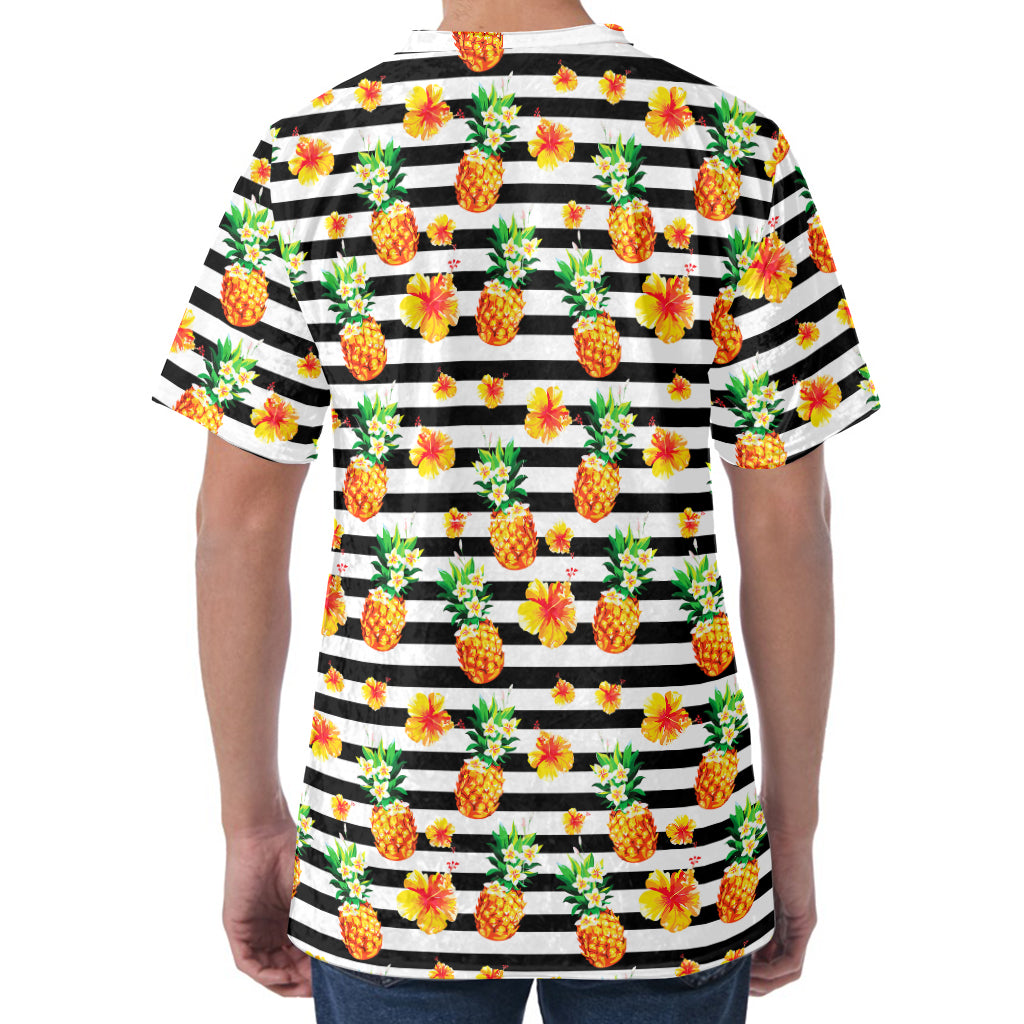 Pineapple And Hibiscus Striped Print Men's Velvet T-Shirt