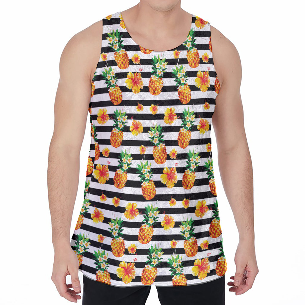 Pineapple And Hibiscus Striped Print Men's Velvet Tank Top