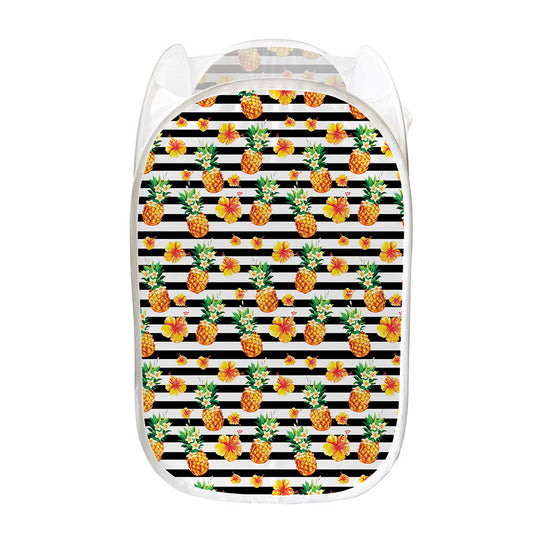 Pineapple And Hibiscus Striped Print Mesh Laundry Hamper