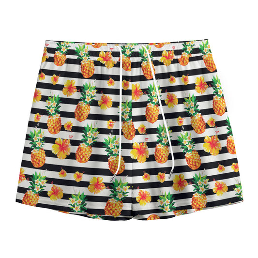 Pineapple And Hibiscus Striped Print Mesh Shorts