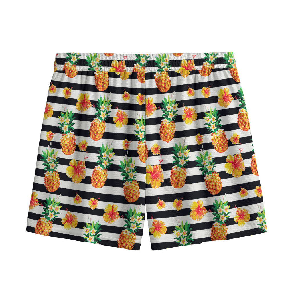 Pineapple And Hibiscus Striped Print Mesh Shorts