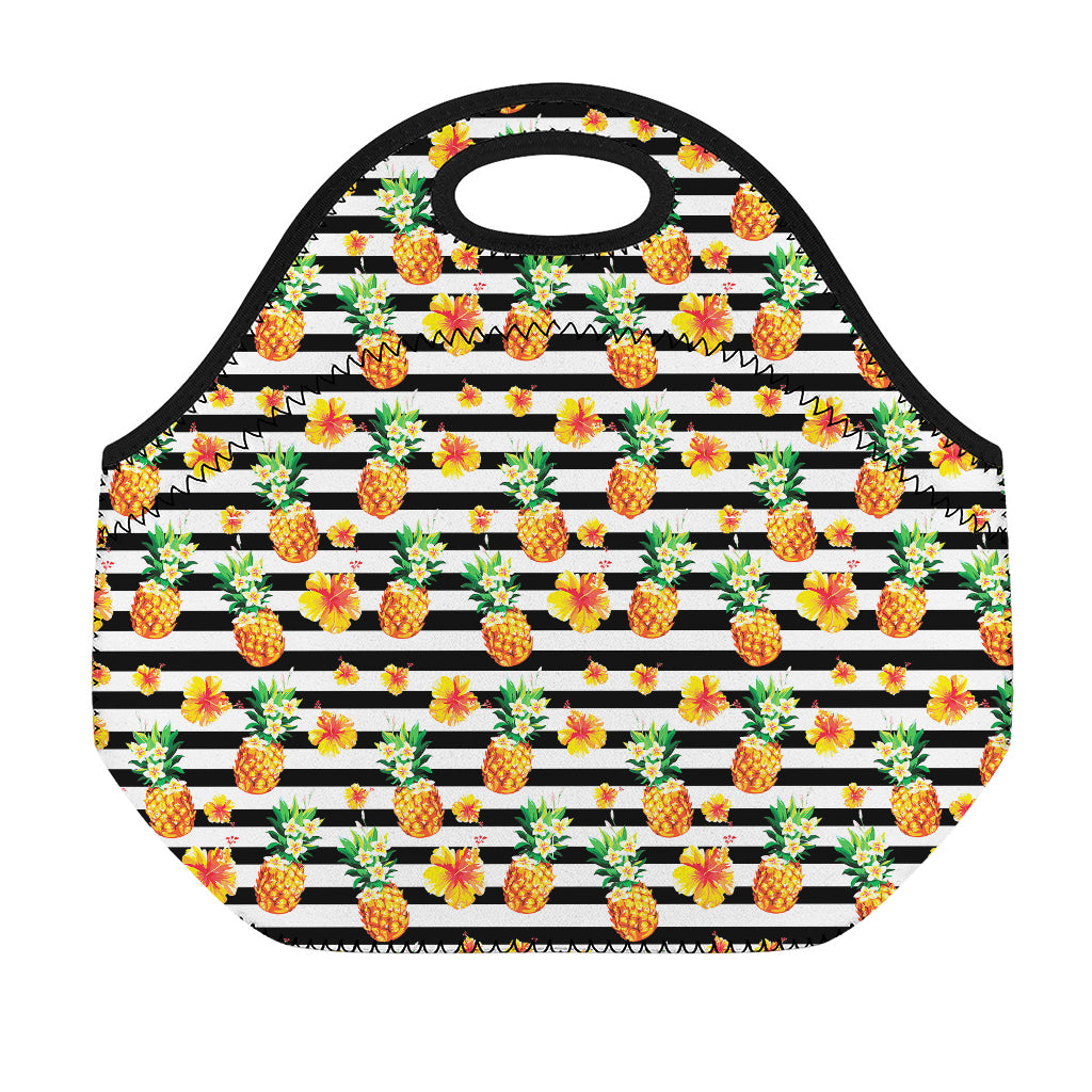 Pineapple And Hibiscus Striped Print Neoprene Lunch Bag