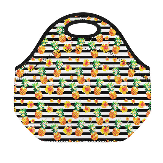 Pineapple And Hibiscus Striped Print Neoprene Lunch Bag