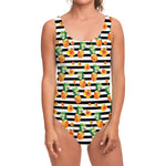 Pineapple And Hibiscus Striped Print One Piece Swimsuit