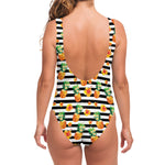 Pineapple And Hibiscus Striped Print One Piece Swimsuit
