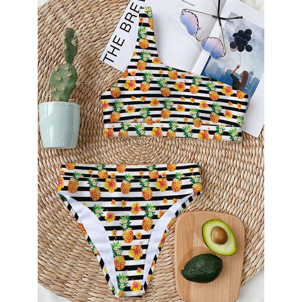 Pineapple And Hibiscus Striped Print One Shoulder Bikini Top