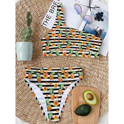 Pineapple And Hibiscus Striped Print One Shoulder Bikini Top