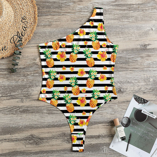 Pineapple And Hibiscus Striped Print One Shoulder Bodysuit