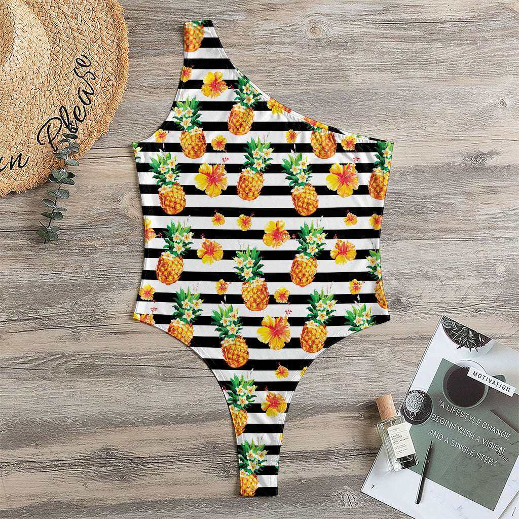 Pineapple And Hibiscus Striped Print One Shoulder Bodysuit