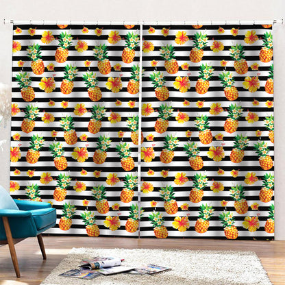 Pineapple And Hibiscus Striped Print Pencil Pleat Curtains
