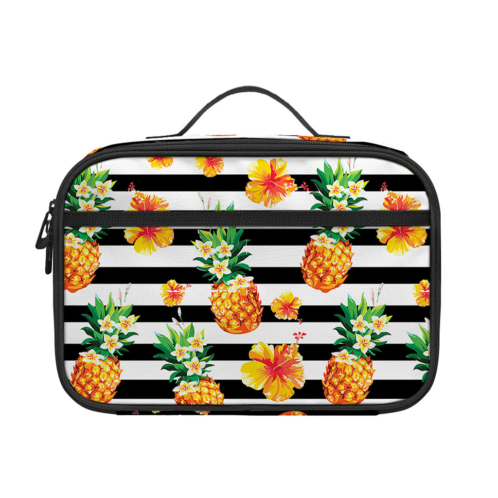 Pineapple And Hibiscus Striped Print Portable Lunch Bag